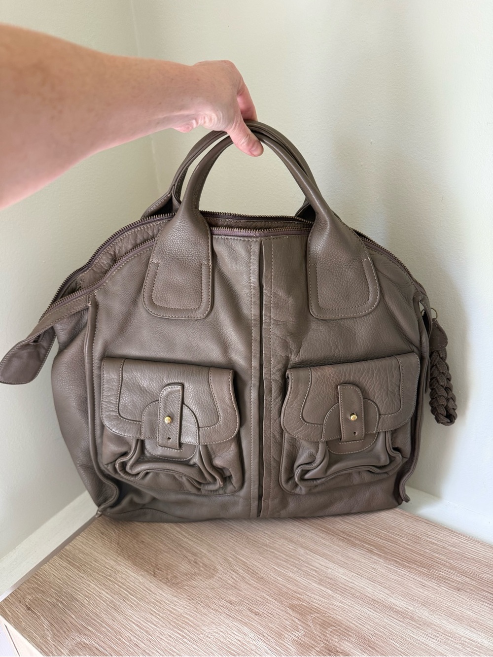 BULGA Taupe Gray Leather Satchel with Front Flap Pockets
